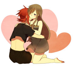 Rule 34 | 1boy, 1girl, back, bare shoulders, barefoot, blue eyes, blush, brown hair, couple, dress, frills, hair over one eye, long hair, luke fon fabre, midriff, open mouth, red hair, tales of (series), tales of the abyss, tear grants, wavy mouth