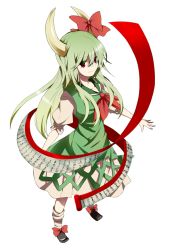 Rule 34 | 1girl, bad id, bad pixiv id, bow, dress, ex-keine, green hair, horns, kamishirasawa keine, long hair, looking at viewer, nakukoroni, red eyes, scroll, simple background, smile, solo, touhou, white background