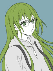Rule 34 | 1other, bespectacled, blue background, closed mouth, enkidu (fate), fate/strange fake, fate (series), glasses, green eyes, green hair, hair between eyes, highres, hood, hood down, hooded robe, long hair, looking at viewer, partially colored, robe, simple background, smile, solo, tachitsu teto, upper body