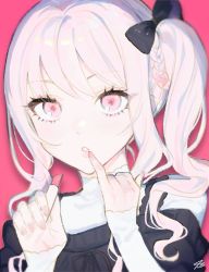 Rule 34 | 1other, 43 pon, akiyama mizuki, black bow, blurry, bow, braid, cosmetics, depth of field, drop shadow, eyelashes, finger to mouth, french braid, hair bow, hands up, highres, light blush, lips, lipstick, lipstick tube, long hair, looking at viewer, makeup, nail polish, parted lips, pink background, pink eyes, pink nails, pinky out, portrait, project sekai, side ponytail, sidelocks, simple background, solo, teeth