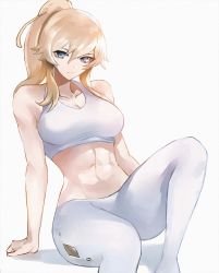 Rule 34 | 1girl, abs, arm support, bare arms, blonde hair, breasts, cleavage, closed mouth, expressionless, genshin impact, highres, jean (genshin impact), large breasts, long hair, looking at viewer, midriff, pants, ponytail, sidelocks, simple background, sitting, solo, tank top, tommy (kingdukeee), white legwear, white pants, white tank top
