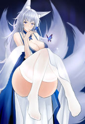 1girl, absurdres, animal ears, azur lane, blue dress, blue eyes, breasts, bug, butterfly, cl (summer sama), cleavage, closed mouth, dress, eyebrows visible through hair, fox tail, fur, hand up, highres, insect, long hair, looking at viewer, medium breasts, no shoes, shinano (azur lane), shinano (light of the hazy moon) (azur lane), silver hair, simple background, sitting, solo, tail, thighhighs, thighs, white legwear