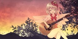Rule 34 | 1girl, 2girls, :d, absurdres, animal, animal on head, bad id, bad twitter id, bird, bird on head, bird wings, blonde hair, bow, chick, closed eyes, crossed legs, evening, gradient sky, guitar, highres, holding, holding instrument, instrument, multicolored hair, multiple girls, music, niwatari kutaka, on head, open mouth, outdoors, playing instrument, red bow, red hair, red neckwear, short hair, short sleeves, sky, smile, solo, subaru (subachoco), touhou, tree, two-tone hair, wings