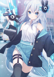 Rule 34 | 1girl, absurdres, bare shoulders, black jacket, blouse, blue eyes, blue hair, blue sailor collar, blue skirt, blurry, blurry background, breasts, collared shirt, commentary request, depth of field, double bun, dress shirt, garter straps, grey thighhighs, gun, hair between eyes, hair bun, hair ornament, hairclip, hand up, highres, holding, holding gun, holding weapon, jacket, long hair, long sleeves, looking at viewer, multicolored hair, off shoulder, open clothes, open jacket, original, pleated skirt, sailor collar, sapphire (sapphire25252), shirt, silver hair, skirt, sleeveless, sleeveless shirt, small breasts, solo, streaked hair, thighhighs, very long hair, virtual youtuber, weapon, white shirt, wide sleeves