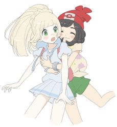 Rule 34 | 2girls, :o, aoaomzir, backpack, bag, beanie, black hair, blonde hair, blue sailor collar, blush, bracelet, braid, closed mouth, commentary request, creatures (company), eyelashes, game freak, green eyes, green shorts, hat, high ponytail, highres, hug, hug from behind, jewelry, leg up, lillie (pokemon), long hair, multiple girls, nintendo, open mouth, pink bag, pleated skirt, pokemon, pokemon sm, red headwear, sailor collar, selene (pokemon), shirt, short hair, short sleeves, shorts, simple background, skirt, smile, t-shirt, tied shirt, white background, white shirt, white skirt