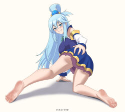 Rule 34 | 1girl, aqua (konosuba), arm support, bare legs, barefoot, bent over, blue eyes, blue hair, blue shirt, blue skirt, breasts, commentary, conejologia, detached sleeves, english commentary, feet, from behind, full body, hair rings, highres, kono subarashii sekai ni shukufuku wo!, legs, long hair, looking at viewer, looking back, medium breasts, miniskirt, pleated skirt, shadow, shirt, simple background, single hair ring, skirt, soles, solo, teeth, thighs, toes, white background