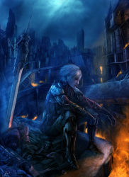 Rule 34 | 1boy, armor, boots, building, cityscape, fire, fufu, gloves, highres, moonlight, night, original, red eyes, ruins, short hair, sitting, sword, weapon, white hair