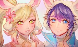 Rule 34 | 1boy, 1girl, alfonse (fire emblem), animal ears, blonde hair, blue hair, blush, brother and sister, cape, fake animal ears, fire emblem, fire emblem heroes, green eyes, leotard, long hair, looking at viewer, multicolored hair, nintendo, onisuu, open mouth, playboy bunny, rabbit ears, sharena (fire emblem), short hair, siblings, simple background, smile, white background