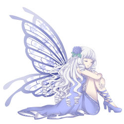 Rule 34 | 1girl, bad id, bad pixiv id, butterfly wings, closed eyes, die ying, dress, drill hair, flower, from side, full body, hair flower, hair ornament, high heels, highres, hugging own legs, insect wings, original, purple dress, silver hair, sitting, solo, wings