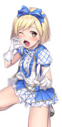 Rule 34 | 10s, 1girl, :d, alternate costume, arm up, blonde hair, blush, brown eyes, djeeta (granblue fantasy), dress, fellatio gesture, gloves, granblue fantasy, h kasei, hairband, heart, heart-shaped pupils, highres, kimi to boku no mirai, looking at viewer, one eye closed, open mouth, sexually suggestive, short hair, simple background, smile, solo, squatting, superstar (granblue fantasy), superstar ex (granblue fantasy), symbol-shaped pupils