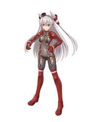 Rule 34 | 1girl, adapted costume, amatsukaze (kancolle), bodysuit, cleavage, cosplay, grey bodysuit, hair tubes, hat, kantai collection, long hair, looking at viewer, mecha, moke ro, multicolored bodysuit, multicolored clothes, neon genesis evangelion, plugsuit, robot, see-through, see-through cleavage, silver hair, simple background, smokestack hair ornament, solo, souryuu asuka langley (cosplay), standing, test plugsuit, two side up, white background