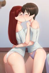 Rule 34 | 2girls, absurdres, arms around waist, ass, blue panties, blush, brown hair, closed eyes, commentary, cowboy shot, from side, glasses, highres, hug, indoors, kiss, lace, lace-trimmed panties, lace trim, long hair, misuzu (stainless night), multiple girls, no pants, off shoulder, panties, red hair, rimless eyewear, sayaka (stainless night), shirt, shirt grab, short hair, short sleeves, stainless night, standing, t-shirt, underwear, wedgie, white panties, white shirt, yisusjpl, yuri