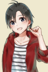Rule 34 | :d, antenna hair, black eyes, black hair, cardigan, collarbone, hair between eyes, twirling hair, head tilt, highres, hood, hood down, hooded cardigan, idolmaster, idolmaster (classic), kikuchi makoto, looking at viewer, low twintails, mogskg, multiple girls, open cardigan, open clothes, open mouth, red cardigan, shirt, short twintails, simple background, smile, solo, striped clothes, striped shirt, twintails, upper body, white background