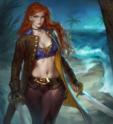 Rule 34 | aleriia v, artist name, beach, belt, belt buckle, blue eyes, breasts, buckle, cleavage, collarbone, commentary, commission, dual wielding, earrings, english commentary, fingerless gloves, gloves, highres, holding, holding sword, holding weapon, jacket, jewelry, large breasts, leather, leather jacket, long hair, long sleeves, navel, necklace, ocean, orange hair, original, palm tree, pants, parted lips, pirate, realistic, serious, shirt, shore, signature, sword, tied shirt, tree, weapon