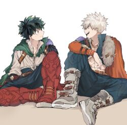 Rule 34 | 2boys, 2nd popularity poll (boku no hero academia), absurdres, alternate hair color, arm on knee, arm rest, bakugou katsuki, belt, belt boots, belt buckle, blue jacket, blue pants, boku no hero academia, boots, bright pupils, brown belt, buckle, cape, check clothing, closed mouth, clothing request, cropped jacket, ear piercing, earrings, eye contact, freckles, full body, fur-trimmed jacket, fur-trimmed pants, fur (clothing), fur shawl, fur trim, gloves, green cape, green eyes, green hair, grey footwear, grey hair, grey shirt, hand on floor, hand on ground, hand up, hands on floor, hands on ground, high-waist pants, highres, jacket, jewelry, knee boots, knee up, looking at another, male focus, midoriya izuku, multiple boys, multiple necklaces, multiple piercings, necklace, no shirt, official alternate costume, on floor, on ground, open collar, open mouth, orange cape, orange sleeves, pac-man eyes, pants, piercing, profile, red eyes, red footwear, red gloves, scar, scar on chest, shawl, shirt, short hair, side-by-side, single shoulder pad, sitting, smile, spiked hair, tanuki happa, torn cape, torn clothes, turning head, white background, white pupils, yellow brooch