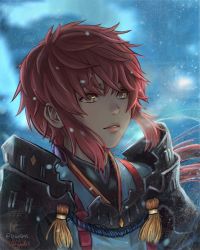 Rule 34 | 1girl, armor, blue background, commentary, commission, dicesms, lora (xenoblade), nintendo, parted lips, pauldrons, red hair, short hair, shoulder armor, signature, snow, solo, wind, xenoblade chronicles (series), xenoblade chronicles 2, xenoblade chronicles (series), xenoblade chronicles 2, xenoblade chronicles 2: torna - the golden country, yellow eyes