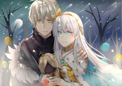 Rule 34 | 1boy, 1girl, absurdres, anastasia (fate), blue eyes, cape, command spell, commentary, crown, doll, dress, english commentary, fate/grand order, fate (series), forest, fur-trimmed jacket, fur trim, hair between eyes, hairband, highres, holding, holding doll, jacket, jewelry, kadoc zemlupus, long hair, long sleeves, looking at viewer, mini crown, narulu, nature, royal robe, short hair, silver hair, simple background, snow, snowing, standing, very long hair, white background, winter, yellow eyes