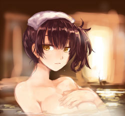 Rule 34 | 10s, 1girl, bathing, breasts, brown hair, hand on own chest, jikkentai (zol8529), kaga (kancolle), kantai collection, large breasts, looking at viewer, parted lips, short hair, side ponytail, sitting, solo, towel, towel on head, yellow eyes