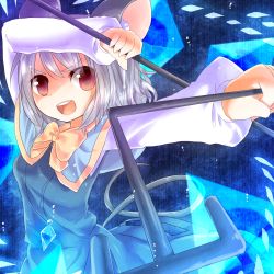 Rule 34 | 1girl, animal ears, arms up, bow, dowsing rod, dress, female focus, gem, grey dress, grey hair, jewelry, koza, kozakura (dictionary), lights, mouse ears, mouse tail, nazrin, necklace, open mouth, pendant, red eyes, short hair, solo, tail, touhou