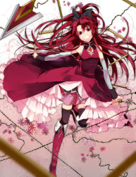 Rule 34 | 10s, 1girl, arm warmers, bare shoulders, boots, chain, frills, gem, grin, highres, long hair, mahou shoujo madoka magica, mahou shoujo madoka magica (anime), manyako (mohumohu), polearm, ponytail, red eyes, red hair, red theme, sakura kyoko, smile, solo, spear, thighhighs, weapon, zettai ryouiki