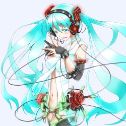 Rule 34 | 1girl, aqua eyes, aqua hair, bad id, bad pixiv id, bridal gauntlets, colored eyelashes, hatsune miku, hatsune miku (append), headphones, headset, highres, long hair, navel, necktie, shunsuke, solo, steepled fingers, thighhighs, twintails, very long hair, vocaloid, vocaloid append