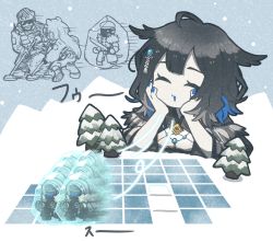 Rule 34 | 1boy, 2girls, 6+others, ^ ^, arknights, aurora (arknights), black hair, blue hair, blue nails, chibi, closed eyes, commentary request, dress, closed eyes, frozen, hair flaps, hands up, highres, jewelry, kjera (arknights), long hair, metal detector, morini ochiteru, multicolored hair, multiple girls, multiple others, nail polish, necklace, pine tree, sharp (arknights), short hair, sunglasses, translation request, tree, white dress
