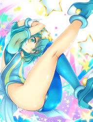 Rule 34 | 1girl, aqua eyes, aqua hair, ass, asymmetrical clothes, blue pantyhose, breasts, commentary request, cure milky, earrings, hagoromo lala, hair ornament, highres, hisakawa chin, jewelry, leotard, looking at viewer, magical girl, pantyhose, precure, shiny skin, short hair, simple background, single leg pantyhose, small breasts, smile, solo, star-shaped pupils, star (symbol), star earrings, star hair ornament, star twinkle precure, symbol-shaped pupils, white background