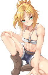 Rule 34 | 1girl, 2-kai no rinjin, bad id, bad pixiv id, bare arms, bare legs, bare shoulders, belt, blonde hair, boots, braid, breasts, brown belt, brown footwear, collarbone, commentary request, fate/grand order, fate (series), fur-trimmed shorts, fur trim, green eyes, highres, jewelry, long hair, looking at viewer, mordred (fate), mordred (fate/apocrypha), mordred (memories at trifas) (fate), muscular, navel, necklace, ponytail, short shorts, shorts, simple background, solo, white background