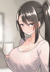 Rule 34 | 1girl, alternate costume, black hair, blurry, blurry background, breasts, cleavage, cup, furaggu (frag 0416), grey eyes, grey shirt, highres, holding, holding cup, kantai collection, large breasts, long hair, long sleeves, looking at viewer, mug, nachi (kancolle), shirt, side ponytail, sidelocks, smile, solo, upper body, very long hair