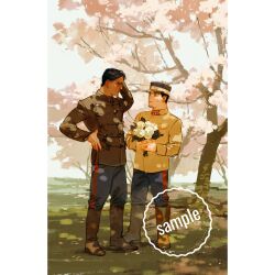 Rule 34 | 2boys, absurdres, arm behind head, arm up, black hair, boots, bouquet, brown footwear, brown jacket, chengongzi123, cherry blossoms, closed eyes, commentary, couple, dark-skinned male, dark skin, english commentary, facing another, flower, full body, golden kamuy, grin, hand on own hip, hands up, highres, holding, holding bouquet, jacket, koito otonoshin, long sleeves, male focus, military uniform, multiple boys, outdoors, sample watermark, smile, standing, tree, tsukishima hajime, uniform, watermark, white flower, yaoi