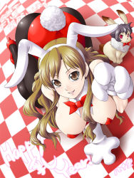 Rule 34 | 1girl, all fours, animal ears, animal hands, ass, bow, bowtie, breasts, brown eyes, brown hair, checkered floor, cleavage, fake animal ears, floor, gloves, highres, kotoyoro, large breasts, leotard, long hair, new year, pantyhose, playboy bunny, rabbit, rabbit ears, rabbit tail, tail, yaso shigeru