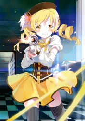 Rule 34 | 10s, 1girl, absurdres, black thighhighs, blonde hair, blush, checkered floor, corset, door, drill hair, fingerless gloves, floor, frown, gloves, gun, hair ornament, hallway, highres, light particles, looking at viewer, magical girl, magical musket, mahou shoujo madoka magica, mahou shoujo madoka magica (anime), pinstripe pattern, rifle, scan, skirt, solo, spoilers, striped, tears, thighhighs, tiv, tomoe mami, twin drills, twintails, weapon, yellow eyes