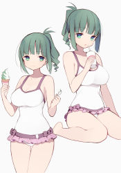 Rule 34 | 1girl, barefoot, breasts, casual one-piece swimsuit, cleavage, cup, drinking straw, food, frilled swimsuit, frills, green eyes, green hair, highres, ice cream, itsumi (itumiyuo), large breasts, looking at viewer, one-piece swimsuit, open mouth, ponytail, saki (manga), short hair, sidelocks, simple background, sitting, smile, solo, swimsuit, takimi haru, wariza, white background, white one-piece swimsuit