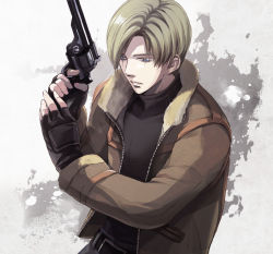 Rule 34 | 1boy, bad id, bad pixiv id, blue eyes, broken butterfly, brown hair, chiya (sere1), colt single action army, curtained hair, fingerless gloves, fur trim, gloves, gun, handgun, jacket, leon s. kennedy, male focus, resident evil, resident evil 4, revolver, s&amp;w model 3, sere1, smith &amp; wesson, solo, weapon
