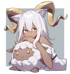 Rule 34 | 1girl, absurdres, animal ear fluff, animal ears, arknights, bare shoulders, beeswax (arknights), beeswax (weisser sand) (arknights), beudelb, blush, brown eyes, commentary request, crossover, dark-skinned female, dark skin, dress, grey background, grey hair, hair between eyes, hands up, highres, horns, interlocked fingers, lamball, long hair, looking at viewer, own hands together, palworld, two-tone background, white background, white dress