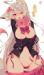 Rule 34 | 1girl, ;d, animal ear fluff, animal ears, arms under breasts, bad id, bad pixiv id, black jacket, blazer, blush, bow, bra, breast hold, breasts, cleavage, clothes pull, commentary request, grey hair, groin, hair between eyes, hair ornament, hairclip, highleg, highleg panties, highres, jacket, large breasts, leaning to the side, long hair, long sleeves, muuran, navel, one eye closed, open clothes, open mouth, open skirt, original, panties, pink bow, pink bra, pink panties, pink scarf, pink skirt, plaid, plaid bow, plaid skirt, pleated skirt, purple eyes, scarf, school uniform, side-tie panties, simple background, skirt, skirt pull, sleeves past wrists, smile, solo, tail, tail raised, tears, underwear, very long hair, white background