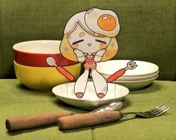 Rule 34 | 1girl, bowl, closed eyes, egg, food, fork, hands on own cheeks, hands on own face, highres, long hair, open mouth, original, papercraft (medium), personification, photo (medium), plate, red footwear, smile, solo, sparkle, spoon, unconventional media, wasu (cermrnl), white hair