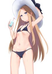 Rule 34 | 1girl, abigail williams (fate), arm up, armpits, bad id, bad pixiv id, bikini, black bikini, black bow, blonde hair, blue eyes, bow, choker, cup, fate/grand order, fate (series), forehead, gluteal fold, hat, hat bow, highres, holding, holding cup, jilu, long hair, looking at viewer, navel, parted bangs, ribbon choker, simple background, skindentation, solo, standing, stomach, swimsuit, very long hair, white background, white hat