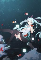 Rule 34 | 1girl, alios arvin, black skirt, black thighhighs, blue eyes, blue hair, blue necktie, blush, cube, fish, hatsune miku, highres, long hair, looking at viewer, necktie, parted lips, skirt, smile, thighhighs, tie clip, twintails, vocaloid
