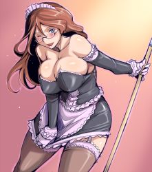 Rule 34 | 1girl, american oppai-san, bare shoulders, blue eyes, blush, breasts, broom, brown hair, cleavage, covering privates, covering crotch, elbow gloves, embarrassed, frilled thighhighs, frills, garter straps, glasses, gloves, gradient background, huge breasts, long hair, maid, maid headdress, one eye closed, open mouth, original, skirt, skirt tug, smile, solo, thighhighs, tsuda nanafushi, wink