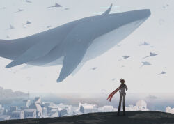 Rule 34 | 1boy, ahoge, artist name, black footwear, boots, building, cape, city, commentary, day, facing away, floating cape, flying whale, from behind, genshin impact, grass, grey jacket, grey pants, hand up, highres, island, jacket, long sleeves, manta ray, mask, mask on head, narwhal, ocean, orange hair, outdoors, pants, red cape, red mask, scenery, short hair, sky, sleeves rolled up, solo, someaka, standing, tartaglia (genshin impact), water, whale
