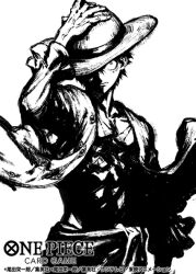Rule 34 | 1boy, closed mouth, commentary request, copyright name, cowboy shot, floating clothes, greyscale, hat, hat over one eye, looking at viewer, makitoshi0316, male focus, monkey d. luffy, monochrome, official art, one piece, one piece card game, open clothes, open shirt, sash, scar, scar on chest, scar on face, short hair, simple background, solo, straw hat