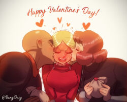 Rule 34 | 1boy, 2girls, anne (ousama ranking), bald, bang dacy, bisexual female, black sweater, blonde hair, blush, breasts, casual, closed eyes, dark-skinned male, dark skin, dorshe, embarrassed, eyeshadow, full-face blush, gift, happy valentine, hilling (ousama ranking), kiss, kissing cheek, large breasts, long hair, long nose, makeup, multiple girls, ousama ranking, parted hair, red sweater, sandwiched, short hair, sweater, thick eyebrows, trembling, twitter username, v arms