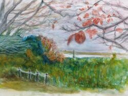 Rule 34 | autumn, autumn leaves, bush, fence, fence post, grass, highres, no humans, original, painting (medium), pcpqapfxcw0ky8w, river, scenery, tall grass, traditional media, tree, watercolor (medium), weeds, wooden fence