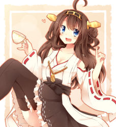 Rule 34 | 10s, 1girl, bad id, bad pixiv id, bare shoulders, black thighhighs, blue eyes, blush, boots, breasts, brown hair, cleavage, cup, detached sleeves, double bun, frilled skirt, frills, fuuen (akagaminanoka), hair bun, hair ornament, hairband, headgear, japanese clothes, kantai collection, kongou (kancolle), long hair, medium breasts, miko, nontraditional miko, open mouth, personification, ribbon-trimmed sleeves, ribbon trim, sitting, skirt, smile, solo, teacup, thigh boots, thighhighs, wide sleeves