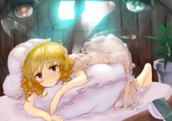 Rule 34 | 1girl, :&lt;, all fours, ass, backlighting, barefoot, blonde hair, blush, drill hair, fairy wings, looking at viewer, luna child, lying, nightgown, on bed, on stomach, pillow, plant, polpol, puffy sleeves, red eyes, see-through, short hair, short sleeves, solo, sunlight, touhou, wings