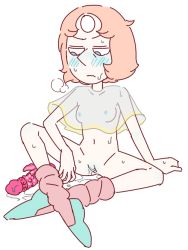 Rule 34 | 1girl, ballet slippers, blue nipples, breasts, colored nipples, dildo, gnome-no, indian style, looking down, nude, orange hair, pale skin, pearl (steven universe), pussy juice, pussy juice puddle, see-through, sex toy, sitting, skinny, small breasts, solo, steven universe
