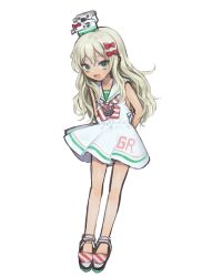 Rule 34 | 1girl, arms behind back, bad id, bad twitter id, bare legs, blonde hair, dress, grecale (kancolle), green eyes, hair ribbon, hat, highres, kantai collection, long hair, open mouth, pi p y, ribbon, sailor collar, sailor dress, sleeveless, sleeveless dress, solo, striped neckwear, white background, white dress, white sailor collar