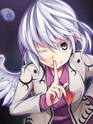 Rule 34 | 1girl, ashiroku (miracle hinacle), bow, bowtie, dress, earth (planet), finger to mouth, highres, index finger raised, jacket, kishin sagume, long sleeves, one eye closed, open clothes, purple dress, purple eyes, shirt, short hair, silver hair, single wing, smile, solo, space, touhou, wings