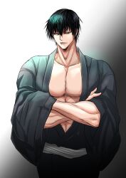 Rule 34 | 1boy, absurdres, artist request, black hair, cowboy shot, crossed arms, fushiguro touji, green eyes, highres, japanese clothes, jujutsu kaisen, kimono, large pectorals, looking at viewer, male focus, mature male, muscular, muscular male, nipples, official alternate costume, open clothes, open kimono, pectoral cleavage, pectorals, scar, scar on face, scar on mouth, seductive smile, short hair, smile, solo